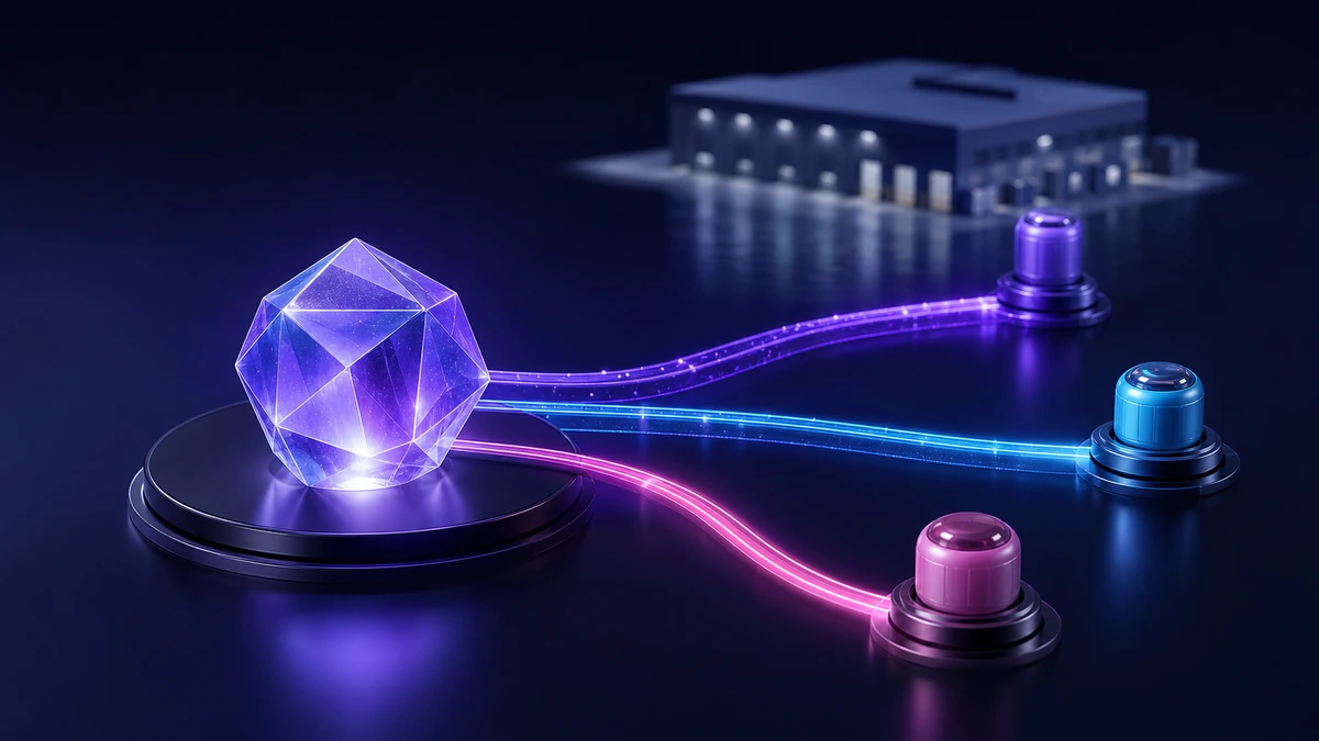 Кинематографичная 3D-сцена с сияющим аналитическим ядром, от которого расходятся три объёмные траектории к товарным модулям и складу, без текста